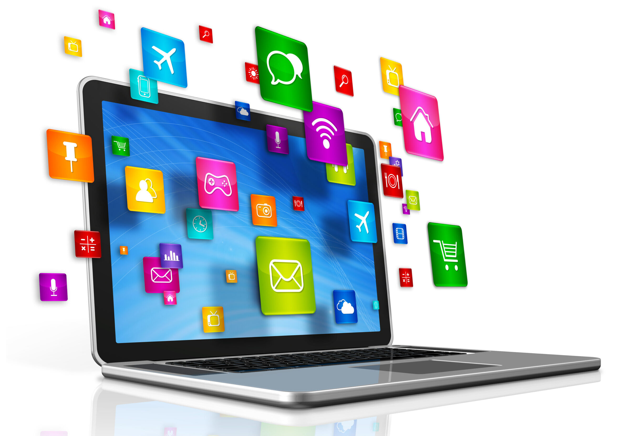 Laptop Computer and flying apps icons on a white background laptop with flying apps icons