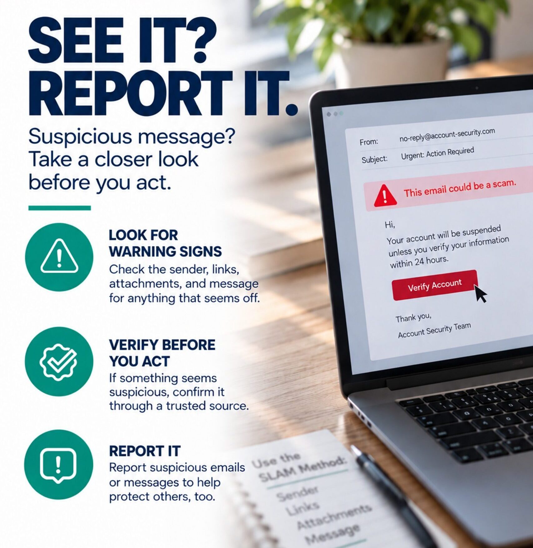 CAM_2026_Poster_Report See it? Report it. Suspicious message? Take a closer look before you act.